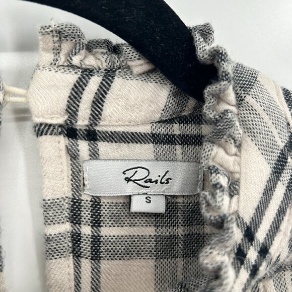 RAILS Black Ivory Plaid Ruffle Sleeve High Neck Pleated Flannel Blouse Small - Picture 7 of 8